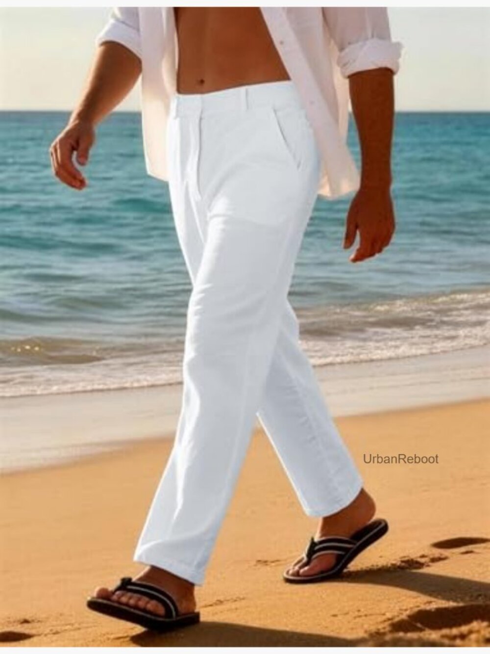 Men's Linen Casual Pants Elastic Waist Lightweight Summer Beach Pants with - Picture 4 of 7